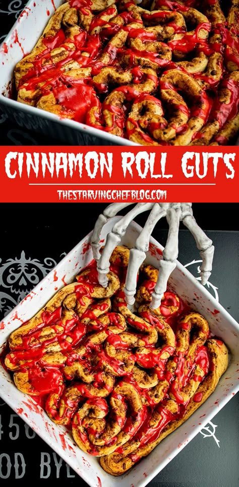 Halloween Cinnamon Rolls Guts, Guts Cinnamon Rolls, Brain Cinnamon Rolls Halloween, Halloween Spooky Dinner Ideas, Easy Halloween Food Recipes, Creepy Halloween Dishes, Cinnamon Roll Brains Halloween, Zombie Guts Cinnamon Rolls, Simple Halloween Food