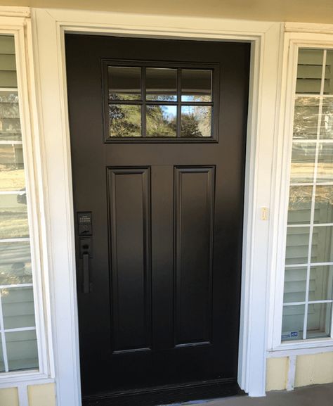 The homeowners of this 41 year old Edmond, OK home wanted to update their front entry door with something that had a simple look and offered more durability. Wall Molding Ideas, Entry Door Replacement, Exterior Bathroom, Black Exterior Doors, Home Library Decor, Single Entry Doors, Cozy Home Library, Molding Ideas, Steel Entry Doors