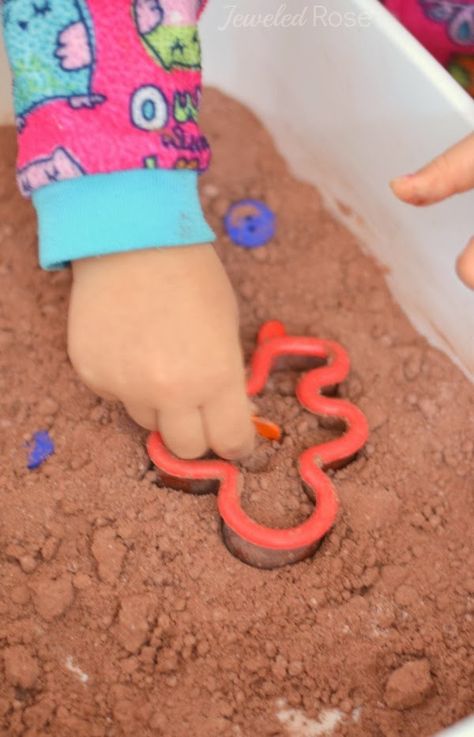 Gingerbread Cloud Dough Recipe Gingerbread Cloud Dough, Gingerbread Preschool, Kindergarten Gingerbread, Cloud Dough Recipe, Toddler Activity Bags, Preschool Gingerbread, Cloud Dough Recipes, Moon Dough, Kids Experiments