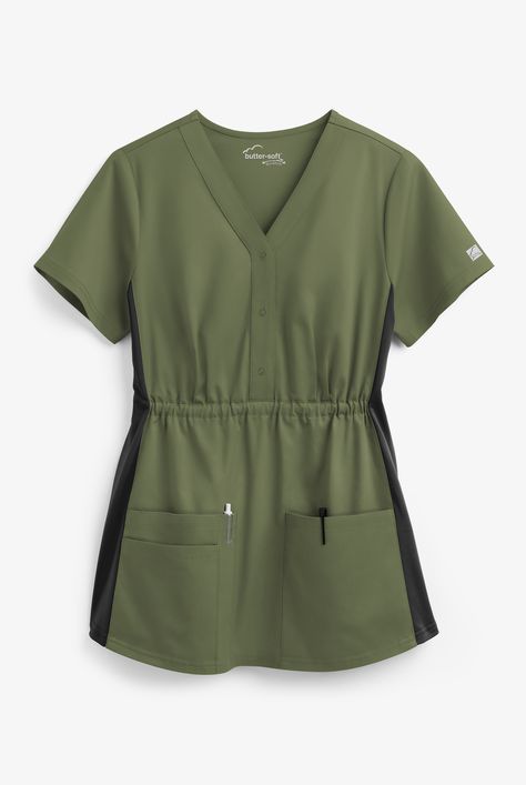 Made for mothers-to-be, our maternity scrub top has the same buttery-soft feel as the rest of our collection with plenty of room to grow! Empire waist and shirring make for the best fit throughout your pregnancy. Each piece in our Butter-soft Stretch scrub collection was designed for 12+ hour shifts, and made from easy-care, 2-way stretch comfort fabric. • Modern fit • V-neck • 3-snap placket closure • Empire waist • Total of 4 pockets • 2 front pockets • 1 small iems pocket • 1 pen pocket • Sho Scrub Tops Pattern, Maternity Scrub Top, Nursing Jackets, Nurse Outfit Scrubs, Medical Scrubs Fashion, Scrub Collection, Scrubs Pattern, Maternity Scrubs, Medical Scrubs Outfit