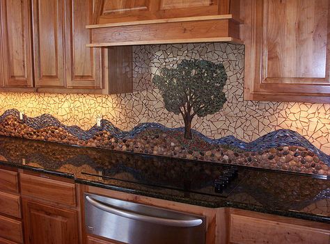 Pecan Tree Mosaic Backsplash II by Mosaics by Marlene, via Flickr Soffit Kitchen, River Rock Backsplash, Rock Backsplash, Stone Tile Backsplash, Brick Backsplash Kitchen, Kitchen Mosaic, Tree Mosaic, Updo Ideas, Mosaic Backsplash Kitchen