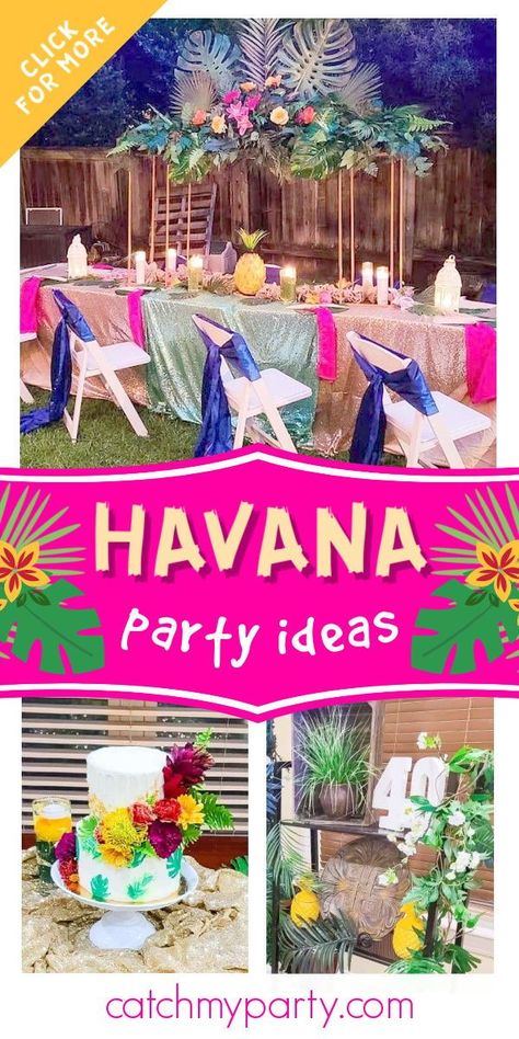 Check out this fun Havana Nights birthday party! The party decorations are so cool!  See more party ideas and share yours at CatchMyParty.com #catchmyparty #partyideas #havana #havananights #havanaparty Havana Nights Party Theme Table Settings, Havana Nights Birthday Party Theme, Havana Nights Birthday Party, Havana Themed Party Outfit Women, Cuban Birthday Party Ideas, Cuban Theme Party Havana Nights, Havana Nights Outfit Women, Havana Nights Party Decorations, Havana Nights Party Attire Women