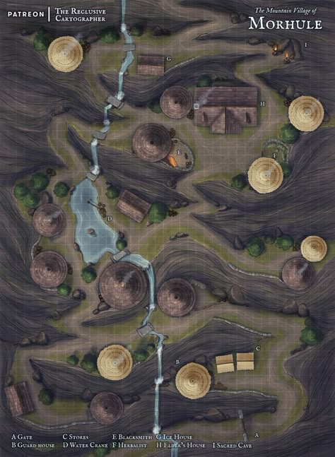 Pathfinder Maps, Village Map, Storage Buildings, Dnd World Map, Fantasy Town, Tabletop Rpg Maps, Dungeon Maps, Mountain Stream, D D Maps