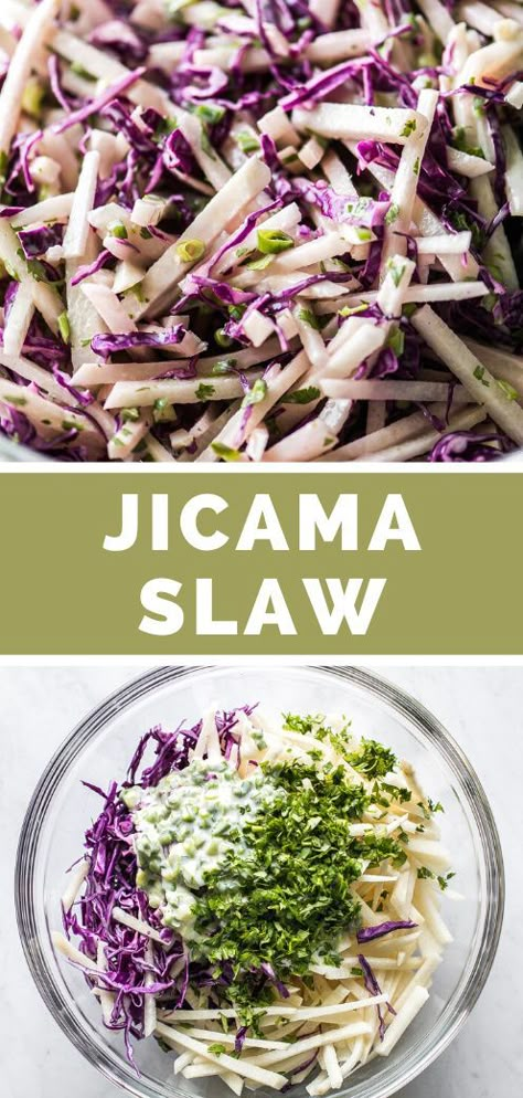 Jicama Slaw For Tacos, Recipes For Jicama, How To Eat Jicama, Jicama Salad Mexican, Jicama Slaw Recipe Mexican, Optavia Jicama Recipes, Jicama Recipes Mexican, Chicken And Jicama Salad, Jicama Juice Recipe