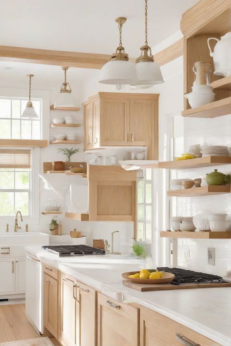 kitchen wall paint, oak wood cabinets, paint color matching, wall paint primer Light Wood Cabinets White Countertops, Light Brown And White Kitchen, Wood Cabinets White Counter, Light Wood Cabinet, Oak Wood Cabinets, White Upper Cabinets, Magnolia Kitchen, Light Oak Floors, Amazing Kitchens