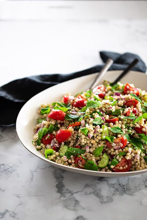 Pearl Cous Cous Salad, Tomatoes, Baby Cucumber, Lemon and Herbs - Temptation For Food Pearl Cous Cous Salad Recipes, Giant Cous Cous Salad, Pearl Cous Cous Salad, Menu Photography, Pearl Couscous, Roasted Fennel, Beef Fillet, Romantic Dinner For Two, Couscous Recipes