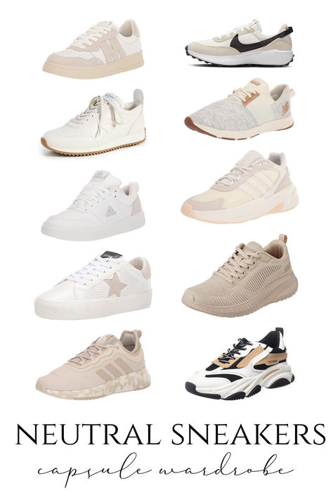 neutral shoes, neutral sneakers, tan tennis shoes, biege shoes, capsule wardrobe, minimalist sneakers, outfit aesthetic, outfit ideas, women's outfits, simple outfit ideas, mo outfits, tan running shoes, tan sneakers, brown shoe ideas, fashion sneakers, nike, new balance, adidas, reebok, walking shoes, high tops, white capsule shoes, shoes outfit ideas Neutral Color Tennis Shoes, Sporty Everyday Beige Sneakers, Tan Nikes, Comfortable Beige Everyday Sneakers, Neutral Color Sneakers, Trendy Girl Aesthetic, Beige Tennis Shoes, Sneaker Must Haves, New Balance Neutral