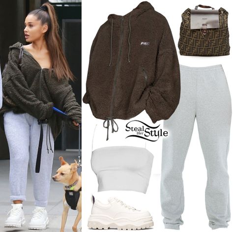 Ariana Grande: Khaki Fleece Jacket, Grey Joggers | Steal Her Style Ariana Outfits, Ariana Grande Outfits Casual, Ariana Grande Outfits, Steal Her Style, Ariana Grande Style, Lazy Outfits, Chill Outfits, Clothes Outfits, Celebrity Outfits