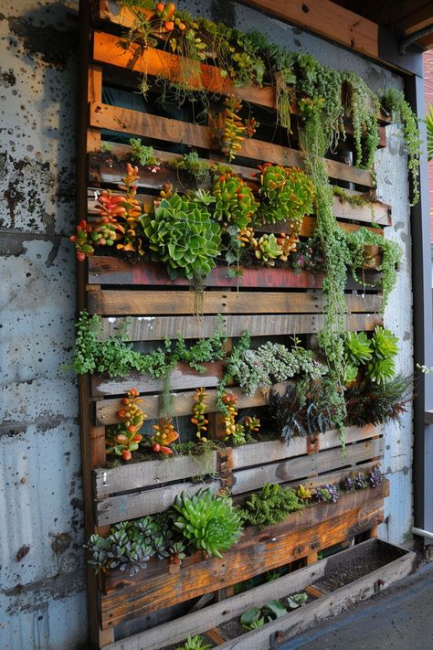 Transform any space with these stunning plant wall and hanging plant ideas. Whether you're looking to add a touch of greenery to your home or office, these creative displays are sure to inspire. From vertical gardens to macrame plant hangers, find the perfect solution to bring the outdoors in. #plantwall #hangingplants #homedecorideas Vertical Garden Wall Courtyard, Hanging Garden Wall, Pallet Wall With Plants, Plant Wall Exterior, Plant Wall Interior, Outdoor Plant Wall Ideas Patio, Have Inspiration Terrasse, Outdoor Greenery Wall, Pallet Plant Wall