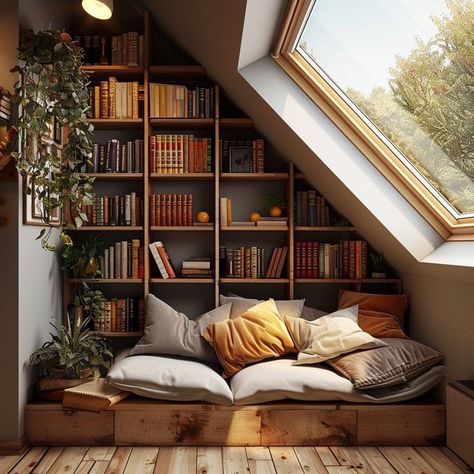 Sun Book Room, Home Library Attic, Attic Reading Rooms, Cozy Loft Ideas, Closet Reading Nook, Reading Corner Bedroom, Reading Nook Ideas For Adults, Attic Reading Nook, Boho Sunroom Ideas