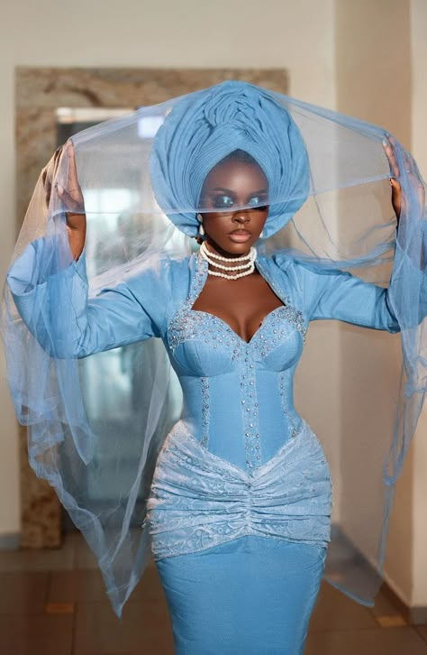 Aso Oke Styles Traditional Weddings Blue, Aso Oke Bridal Styles, Sanyan Aso Oke Styles, Bride Aso Oke Styles, Royal Blue Asoebi, Sky Blue Asoebi Lace Styles, Asoke Styles For Brides, Aso Oke Styles Traditional Weddings, Asoke Styles