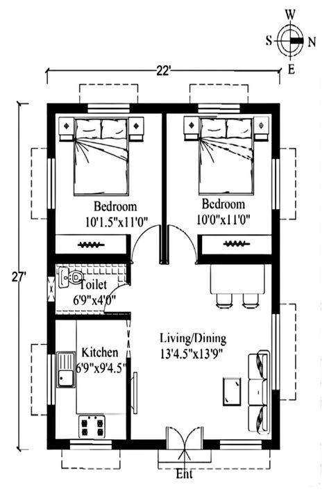 22 × 27 Modern House Plan | 2BHK East Facing House 20×30 House Plan, Mini House Plans, 20x30 House Plans, 20x40 House Plans, Duplex Floor Plans, 2bhk House Plan, Little House Plans, Small House Layout, Affordable House Plans