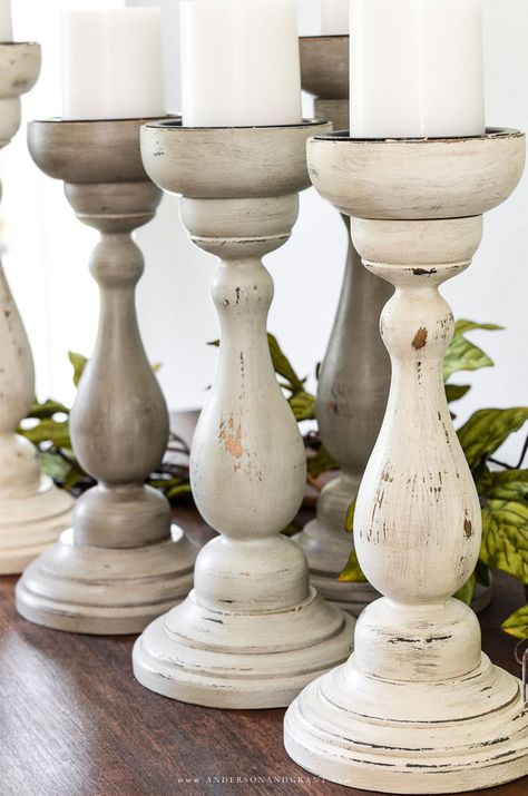 Candle Pillars, Candle Upcycle, Painted Candlesticks, Thrifted Home Decor, Thrift Store Decor, Cottage Market, Candle Stands, Thrift Store Crafts, Wood Candle Sticks