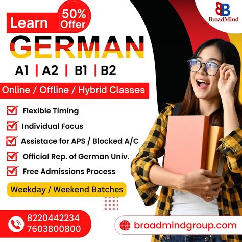 BroadMind Consultant offers special deals on German language learning classes. They provide a range of language courses, including German, at their Chennai and Madurai branches. These classes are designed to cater to various learning needs, from beginners to advanced levels. The courses are conducted by experienced professionals who aim to help students achieve their language learning goals effectively. To enroll in these classes or to get more information about the special offers, you can c... Language Course Poster Design, Language Learning Goals, Photoshop Design Ideas, German Language Learning, Au Pair, Learning Goals, Language Courses, Beauty Art Drawings, Learning Courses