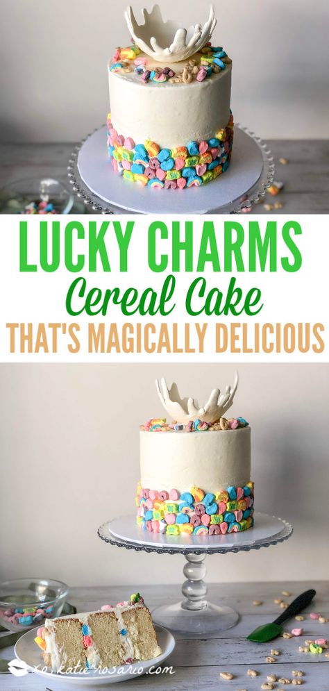 Lucky Charms Cereal Cake That’s Magically Delicious | This cake is perfect for celebrating St. Patrick’s Day, its colorful and sweet and made with the Lucky Charms cereal. What’s unique about this cake is how we’ll make cereal milk. The famous Lucky Charms marshmallows are decorating the outside of the cake and a whimsical white chocolate milk spill topping the cake. #xokatierosario #luckycharmsrecipes #luckycharmscake #luckycharmsdesserts St Patricks Day Cake Recipes, Cereal Birthday Cake, Cereal Milk Cake, Cereal Cake, St Patricks Day Cake, Baby Shower Food Easy, Lucky Charms Cake, Cake Recipe For Decorating, Cakes At Home