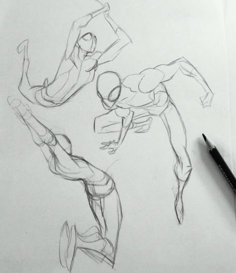 Spiderman Gesture Drawing, How To Draw Spider Man Poses, Spiderman Art Poses, Spiderman Pose Sketch, Spiderman Designs Ideas, Drawing Reference Spiderman, Spiderman Sketch Poses, Spidersona Reference Poses, Spiderverse Anatomy