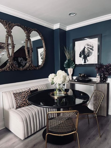 Cozy Dinning Room Decor, Hollywood Glam Kitchen, Living Room 2024 Trends, Boujee Decor, Masculine Luxury, Loft Lounge, Den Ideas, Modern Accent Tables, Glam Living