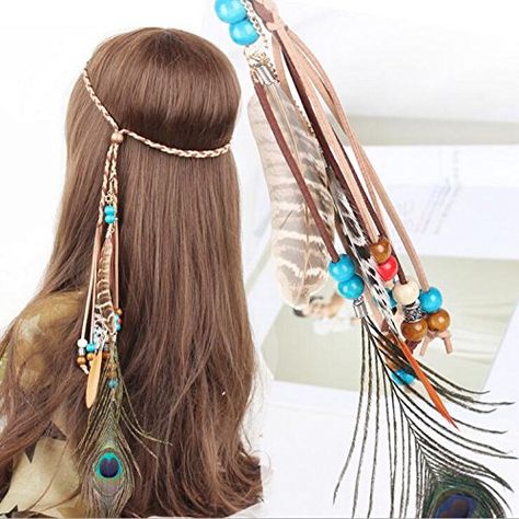 A&c Indiana Princess Peacock Feather Head Chain for Girl, Fashion Headband for Women. (Blue) Boho Feather Headband, Suede Headbands, Chain Headband, Boho Princess, Rope Hair, Animal Model, Hippie Hair, Estilo Hippie, Boho Feathers