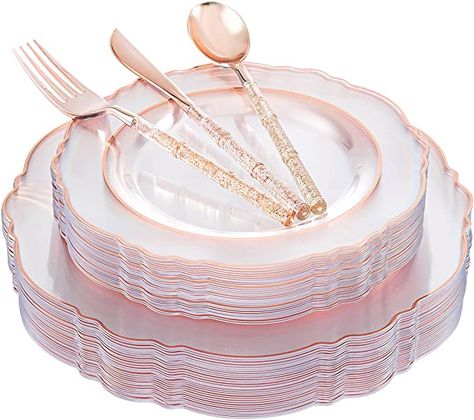 Amazon.com: Liacere 150PCS Rose Gold Plastic Plates - Clear Rose Gold Disposable Plates with Glitter Bamboo Handle Cutlery - 60 Baroque Elegant Plates, 30 Forks, 30 Spoons, 30 Knives for Wedding & Party : Health & Household Gold Disposable Plates, Fifteen Birthday, Gold Plastic Silverware, Rose Gold Rims, Gold Plastic Plates, Rose Gold Lace, Clear Plates, Elegant Plates, Disposable Plastic Plates