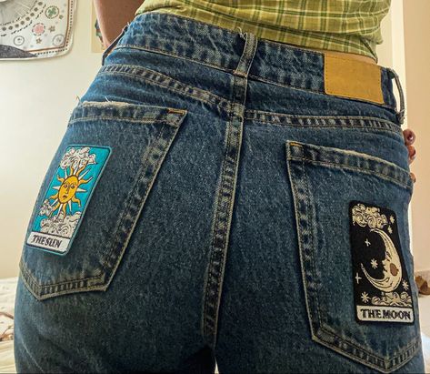 Denim crafts, denim fashion, patches on clothes, patches on jeans, tarot aesthetic Patches On Pants, Patches On Jeans, Jean Patches, Clothes Patches, Tarot Aesthetic, Patches On Clothes, Outfit Boards, Patch Jeans, Denim Crafts