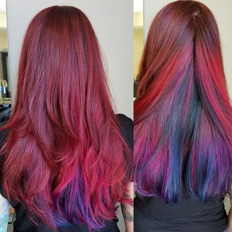 Rainbow hair. Unicorn hair. Mermaid hair. Red hair. Long hair. Peak a boo highlights. Red Hair Purple Underneath, Red And Purple Peekaboo Highlights, Red Peak A Boo Hair, Natural Red Hair With Purple Peekaboos, Red Hair With Rainbow Underneath, Red Violet And Pink Hair, Peak A Boo Hair, Red Highlights In Brown Hair, Hair Color Underneath