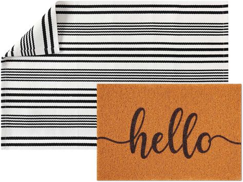 PRICES MAY VARY. Optimal Sizing and Versatility: this outdoor rug set includes 1 black and white striped door mat measuring at about 24 x 35 inches/ 60 x 90 cm and 1 coir doormat at approximately 16 x 24 inches/ 40 x 60 cm; With a wide range in size, the rugs are suitable for many indoor and outdoor spaces, adapting to your seasonal carpet needs; Ideal for the front door, courtyard, bathroom, bedroom, kitchen, porch, laundry room and more, optimize your living space with versatility and comfort Front Porch Mats Doormats, Front Porch Rug Ideas, Courtyard Bathroom, Front Door Mat Ideas, Outdoor Entry Rug, Porch Laundry Room, Striped Door, Welcome Mat Front Door, Door Mat Ideas