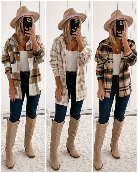 Fedora Styles For Women, Tan Plaid Shirt Outfit, Womens Plaid Shirt Outfit Fall, Plaid Shirt Jacket Outfit, Styling Fedora Hats Women, Women’s Fedora Hat Outfit, How To Style A Fedora Women, Winter Hat Outfits For Women, Tan Boots Outfit Fall