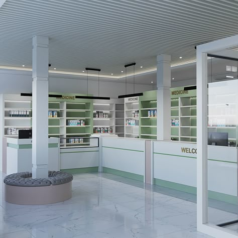 Pharmacy Store Design Interiors, Pharmacy Layout, Pharmacy Store Design, Pharmacy Interior Design, Pharmacy Interior, Medical Shop, Shop Counter Design, Pharmacy Decor, Store Shelves Design