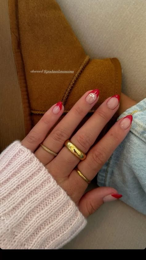 Fun Nail Designs Winter, Red Shirt Nails Ideas, Red Fresh Tip Nails, Hoco Nails To Go With A Red Dress, Biab Nail Art Designs, Gel X Fall Nail Designs, Simple Christmas Nails Almond Shape, Red Nails Hoco, Nail Designs On Natural Nails Short