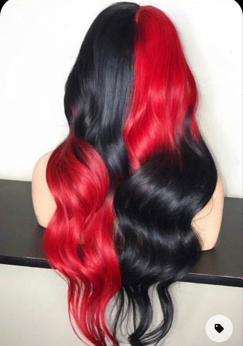 Four Way Split Dyed Hair, Red Outfit Accessories, Black Hair With Fashion Colors, Black Colorful Hair, Dyed Hair For Brunettes Red, 3 Hair Colors Ideas, Unique Ombre Hair Color Ideas, Avatar Inspired Hair, Red And Black Hair Color Ideas