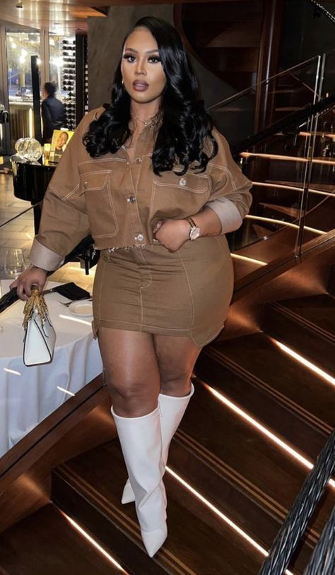 Brown And Tan Outfits For Black Women, Cream Boots Outfit Black Women, Plus Size Brunch Outfit Black Woman, Brunch Outfit Black Woman Baddie, Valentine Date Night Outfits, Sweater Dress Outfit Black Women, Date Outfit Black Women, Anniversary Outfits For Women, Plus Size Winter Outfits Dressy