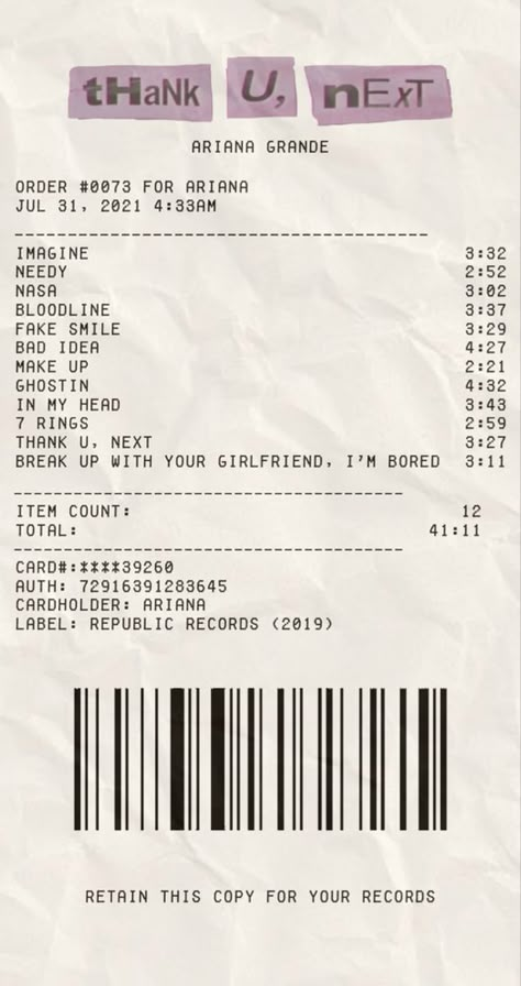 New Jeans Album Receipt, Life Support Album Receipt, Ariana Grande Receipt, Ariana Grande Album Receipt, Music Album Receipts, Album Receipts Aesthetic, Song Receipts, Receipt Aesthetic, Music Receipt