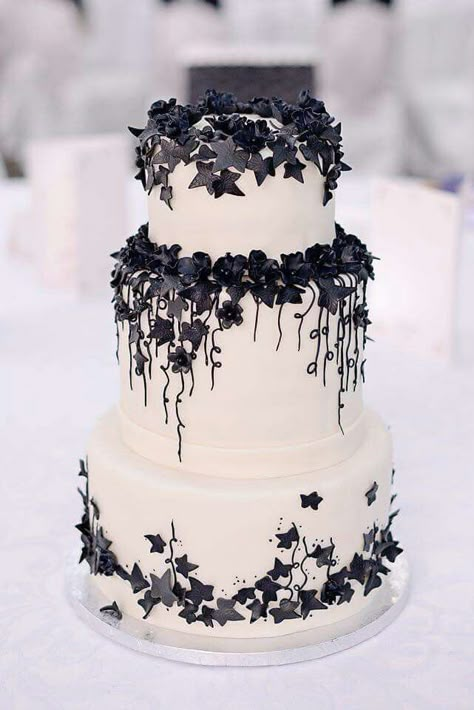 #wedding #cake #black #white #flowers Wedding Cake Black Accents, White Wedding Cake Black Flowers, Black Silver Wedding Cake, White Cake With Black Flowers, White Gothic Wedding Cake, White Cake Black Flowers, Wedding Cake Designs Black And White, Wedding Cake With Black Accents, Black And White Wedding Cake Ideas