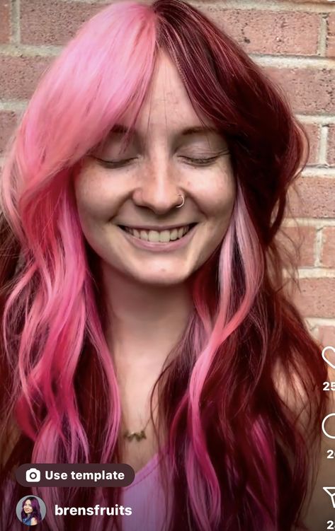 Split Hair Color Pink, Short Red And Pink Hair, Pink And Red Color Block Hair, Pink And Purple Color Block Hair, Cherry And Pink Hair, Pink Bangs Red Hair, Pink And Auburn Hair, Pink Colorblock Hair, Quadrant Hair Color