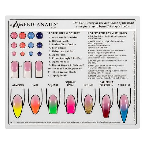 PRICES MAY VARY. Ideal Acrylic Application: Great learning tool for nail techs in training. Teaches multiple skills while learning to perfect product consistency. Our training mat provides easy to use icons that you can fill in with your polish to practice making amazing nail art designs. Multiple Nail Shapes: Create various sizes of beads, learn application by zones and work on different nail shapes. Easily test out color combos on your mat. Become an expert at acrylic application on any type o Almond Nail Shape Designs, August Nails 2023, Nail Shapes For Chubby Fingers, Nail Shape Ideas, Apply Acrylic Nails, August Nail Colors, 23 Nails, Nail Painting Tips, Nail Training