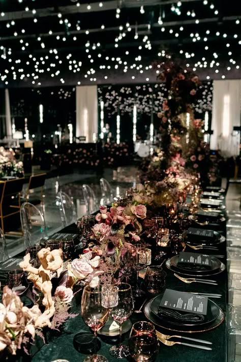 Dark Ethereal Wedding, Moody Wedding Aesthetic, Moody Forest Wedding, Black Tie Wedding Decor, Black Tie Wedding Reception, Dark Moody Wedding, Moody Wedding Decor, Nighttime Wedding, Dark Romantic Wedding