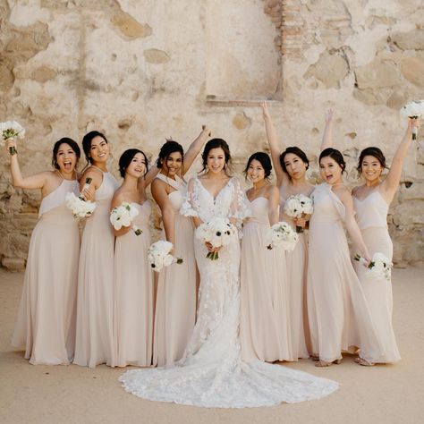 Champagne Bridesmaid Dresses Real Weddings | Birdy Grey Beige Inspiration, Neutral Bridesmaids, Music Decorations, Flowers Headpiece, Beige Bridesmaid Dress, Cream Bridesmaids, Cream Bridesmaid Dresses, Beige Bridesmaids, Chic Bridesmaid Dresses