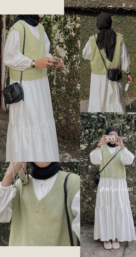 Hijabi Sweater Vest Outfit, Knitwear Vest Outfit Hijab, Plus Size Aesthetic Faceless, Outfit Dress Hijab, Outfit Rok, Korean Style Hijab, Muslimah Fashion Casual, Outfits Muslim, Fesyen Islam