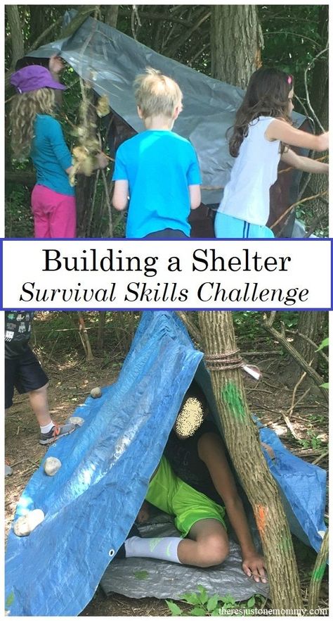 kids survival skills activities: simple outdoor challenge to build an emergency shelter Kids Survival Skills, Emergency Shelter, Outdoor Education, Survival Techniques, Outdoor Learning, Skills Activities, Camping Theme, Wilderness Survival, Camping Activities