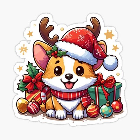 Christmas Corgi Corgi Christmas Drawing, Christmas Dog Drawing, Noel Cute, Christmas Decorations Drawings, Cute Animal Stickers, Xmas Drawing, Corgi Drawing, Winter Projects, Corgi Christmas