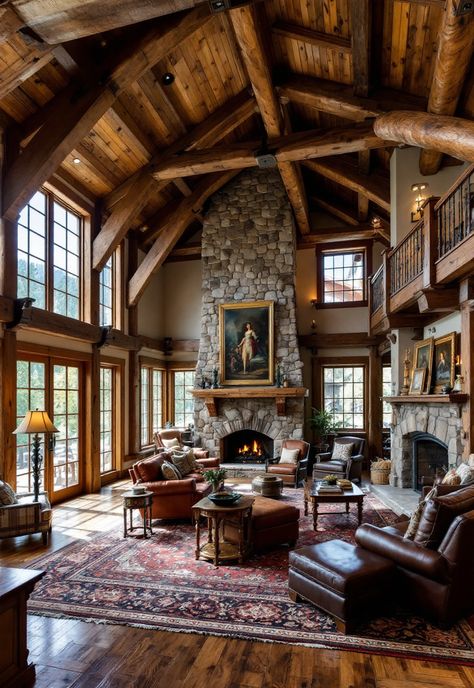 Rustic Living Room Rustic Modern Great Room, Exposed Beams Ceiling Living Room, Half Vaulted Ceiling Living Room, Rustic Great Room, Rustic Living Room Designs, Rustic Living Rooms, Exposed Beams Ceiling, Reclaimed Wood Ceiling, Rustic Living Room Ideas