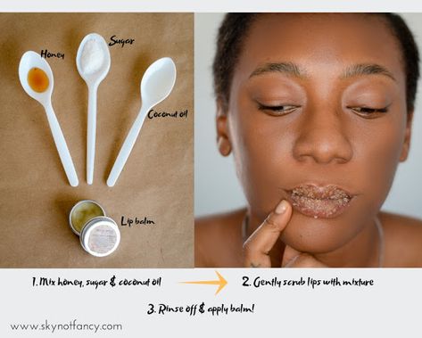 DIY| Natural exfoliating, Moisturizing Lip Scrub. | SkyNotFancy Lip Scrub Diy Exfoliating, Lip Exfoliator Diy, Exfoliator Diy, Scrub Diy Exfoliating, Coconut Oil Lip Balm, Diy Lip Balm Recipes, Hair Care Oils, Lip Scrub Homemade, Lip Scrub Diy