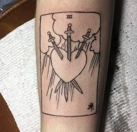 3 Tarot Card Tattoo, Tarro Cards Tattoo Ideas, Two Of Cups Tattoo Tarot, Ace Of Cups Tarot Tattoo, Tarot Card Tattoo 3 Of Swords, 3 Of Swords Tattoo, Three Of Swords Tattoo, Three Of Hearts, Swords Tattoo