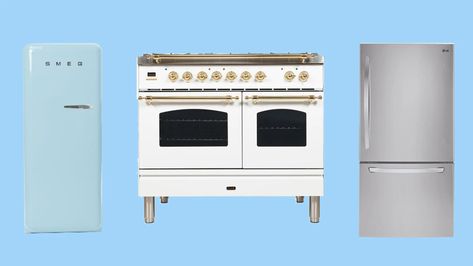 Your Kitchen Appliances Do Not Have to Match | Architectural Digest Mixed Appliances In Kitchen, Mixing Metals In Kitchen, Mixed Metal Kitchen, Smeg Refrigerator, White Kitchen Appliances, Kitchen Finishes, Bottom Freezer Refrigerator, Kitchen Magic, Custom Storage