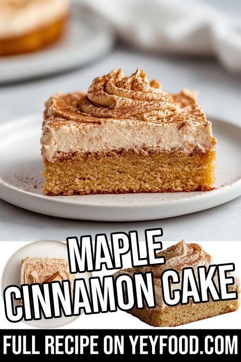 Maple Cinnamon Cake Maple Cinnamon Cake, Maple Fall Desserts, Cinnamon Sponge Cake, Honey Cinnamon Cake, Maple Sheet Cake, Maple Spice Cake, Apple Cinnamon Cake Recipe, Maple Cake Recipe, Sheet Pan Desserts