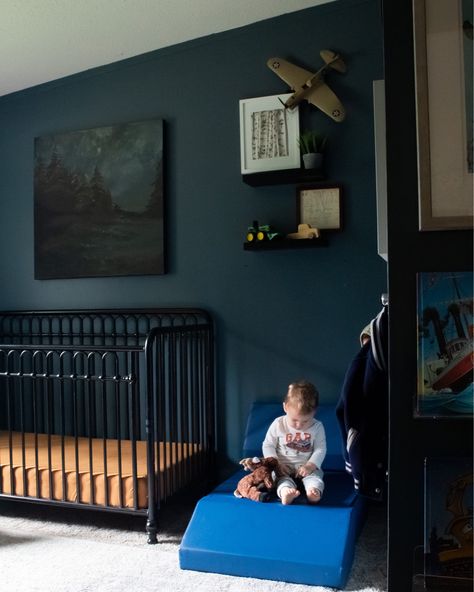 Nursery With Black Crib, Navy Blue Nursery Boy, Boys Bedroom Wall Color, Dark Blue Nursery, Wild Things Nursery, Navy Blue Nursery, Black Crib, Teal Nursery, Blue Nursery Boy