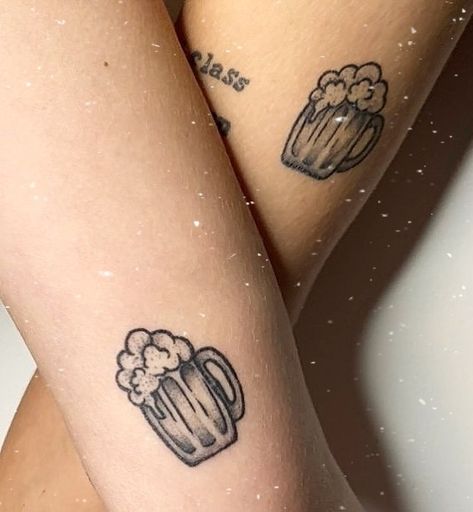 Matching beer tattoos Matching Beer Tattoo Ideas, Best Friend Alcohol Tattoo, Simple Beer Tattoo, Brewery Tattoo, Small Beer Tattoos, Beer Pint Tattoo, Beer Tattoos, Matching Friend Tattoos, Best Friend Tattoos