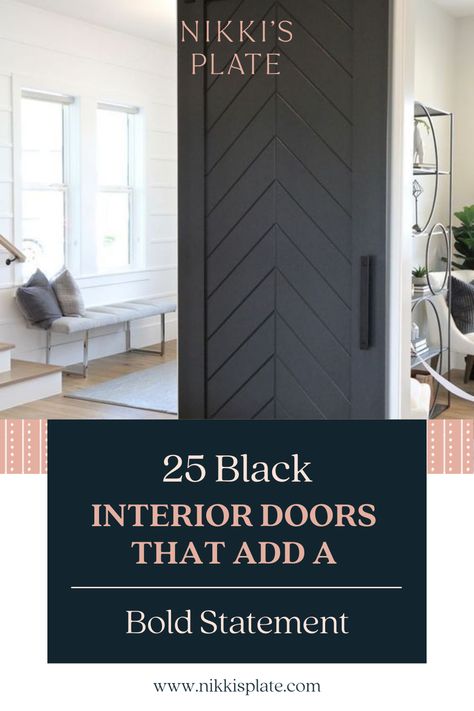 Best Hardware For Black Interior Doors, Black Modern Interior Doors, Dramatic Interior Doors, Black Interior Doors With White Trim Modern Farmhouse, White Hallway With Black Doors, Black Foyer Door, Black Interior Doors With Black Hardware, 2024 Interior Door Trends, Black Pantry Door Ideas