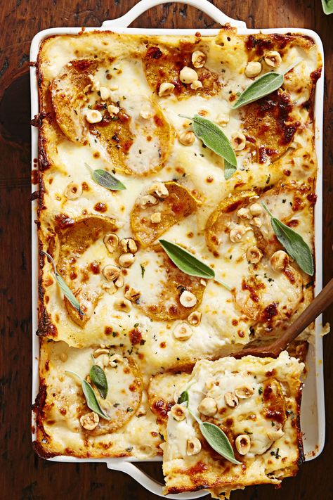 Winter Squash Lasagna with Brown Butter Béchamel - GoodHousekeeping.com Healthy Winter Recipes Dinner, Bechamel Recipe, Winter Baking Recipes, Vegetarian Christmas Dinner, Squash Lasagna, Butternut Squash Lasagna, Healthy Winter Meals, Vegetarian Christmas, Winter Cooking