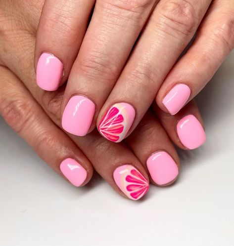 Grapefruit Nail Art, Pink Grapefruit Nails, Raspberry Nail Art, Pink Lemon Nails, Fruit Design Nails, Grapefruit Nails, Citrus Nails, Fruity Nails, Raspberry Nails